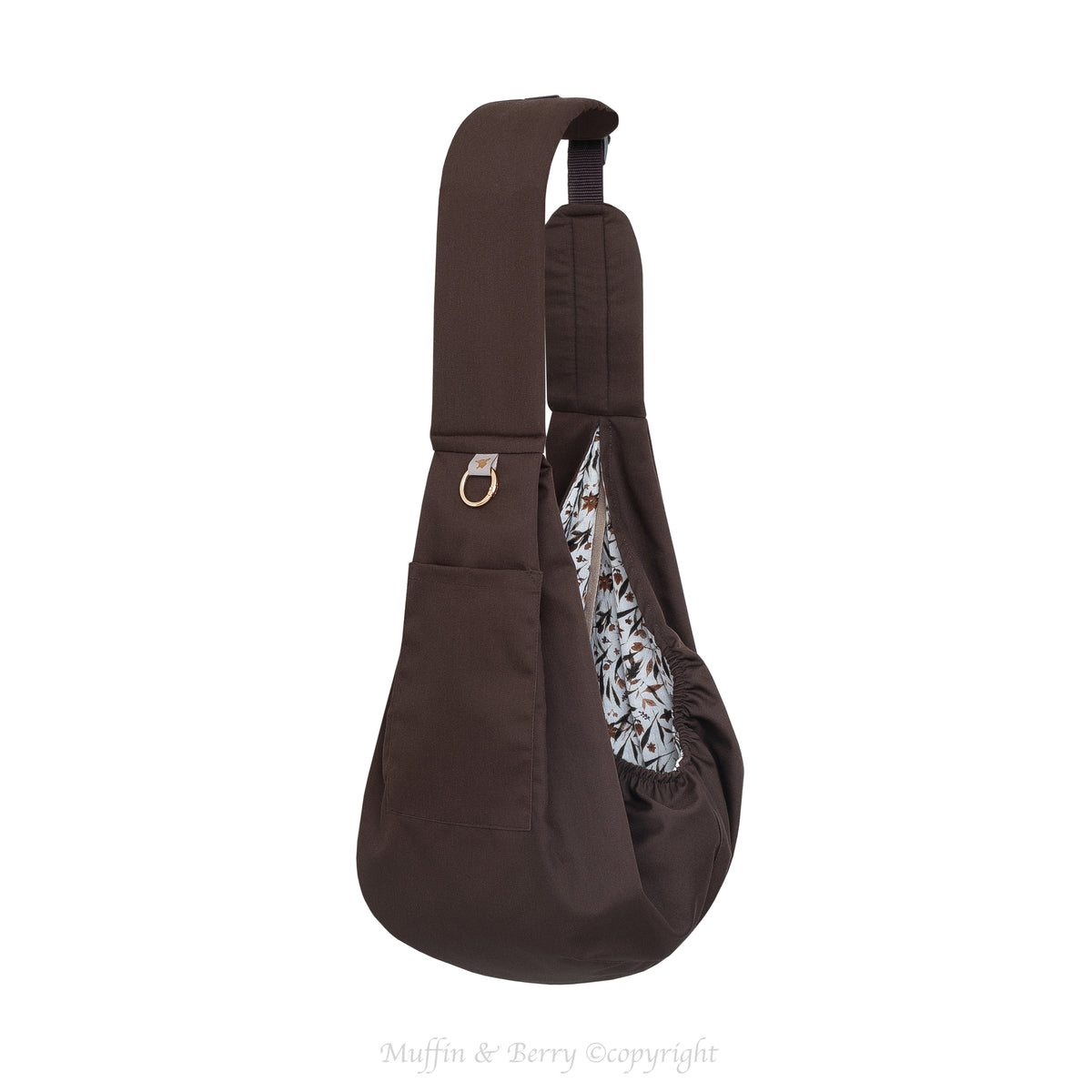 BONNIE chocolate brown trench fabric pet sling carrier open view, botanical double gauze lining, gold O-ring and front pocket, white background, by Muffin & Berry
