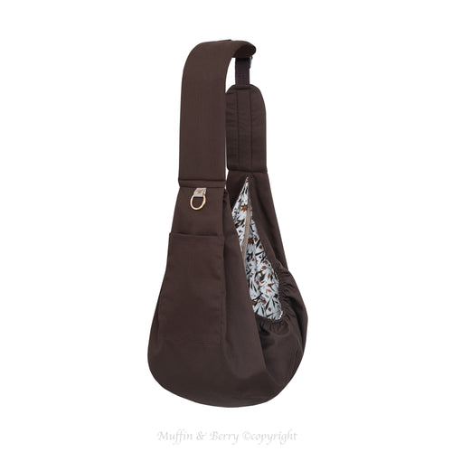 BONNIE chocolate brown trench fabric pet sling carrier open view, botanical double gauze lining, gold O-ring and front pocket, white background, by Muffin & Berry