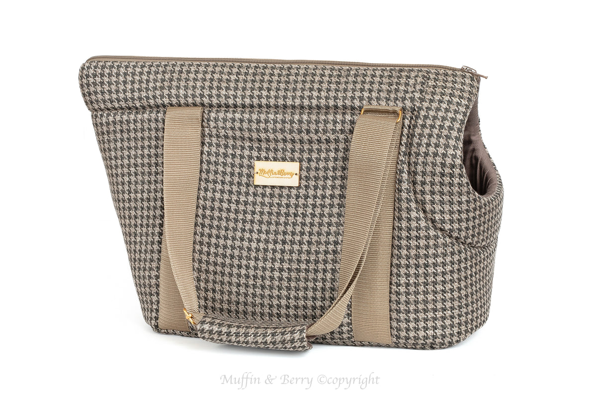 JACQUELINE taupe houndstooth pet carrier bag side angle, handmade dog carrier by Muffin & Berry