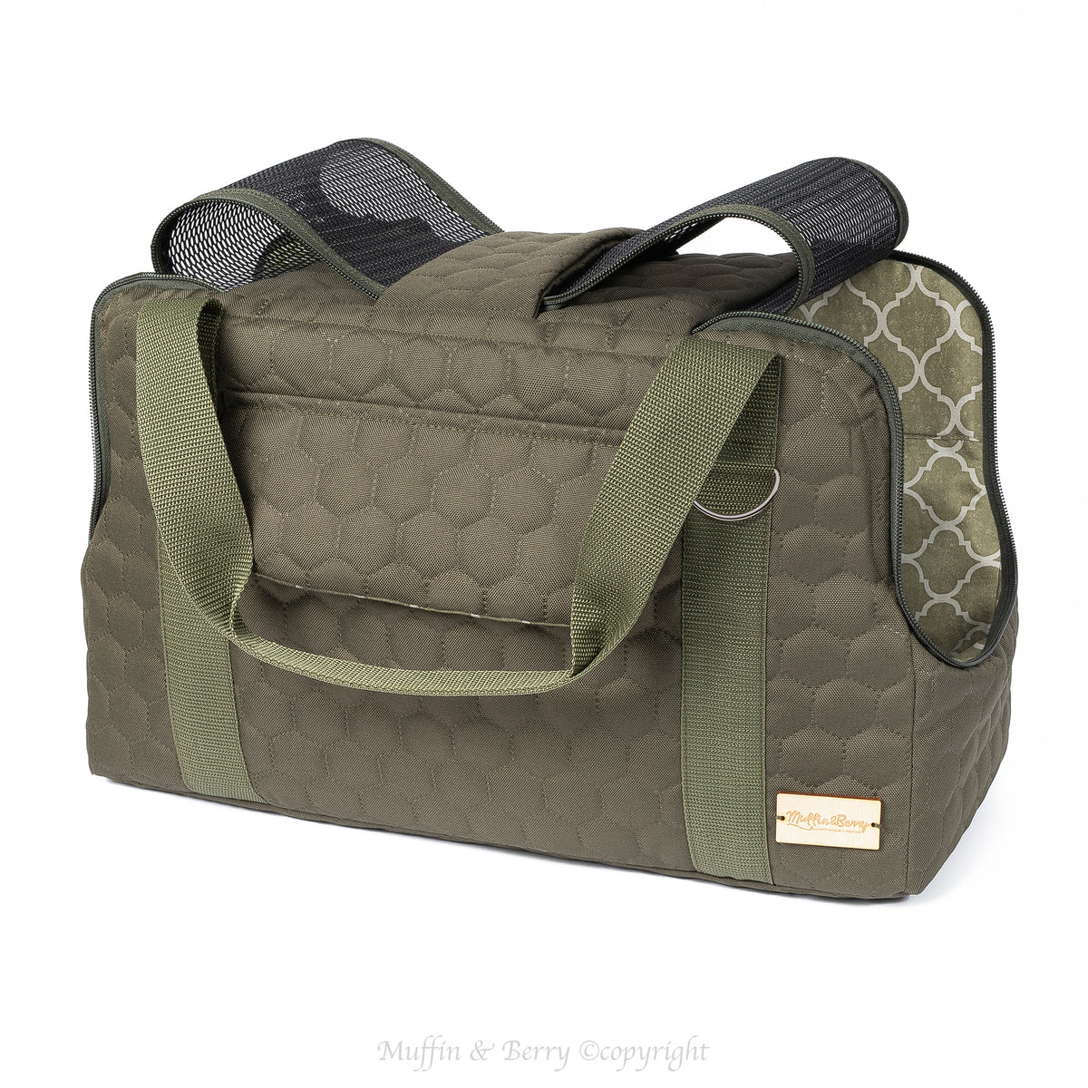 Muffin & Berry Elizabeth structured olive green pet travel carrier with dual-end mesh ventilation panels that open fully and stay fixed at the top – premium dog and cat travel bag