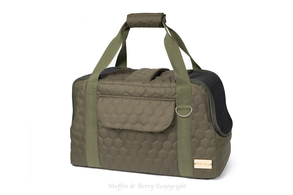Muffin & Berry Elizabeth olive green pet travel carrier in quilted fabric with short carry handles – luxury dog and cat carrier bag