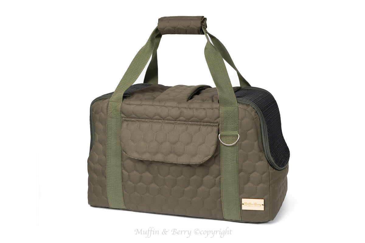 Muffin & Berry Elizabeth olive green pet travel carrier in quilted fabric with short carry handles – luxury dog and cat carrier bag