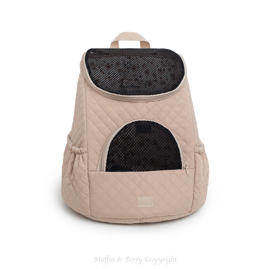 Beige quilted front pet carrier backpack with both mesh windows closed, full front product view – by Muffin & Berry