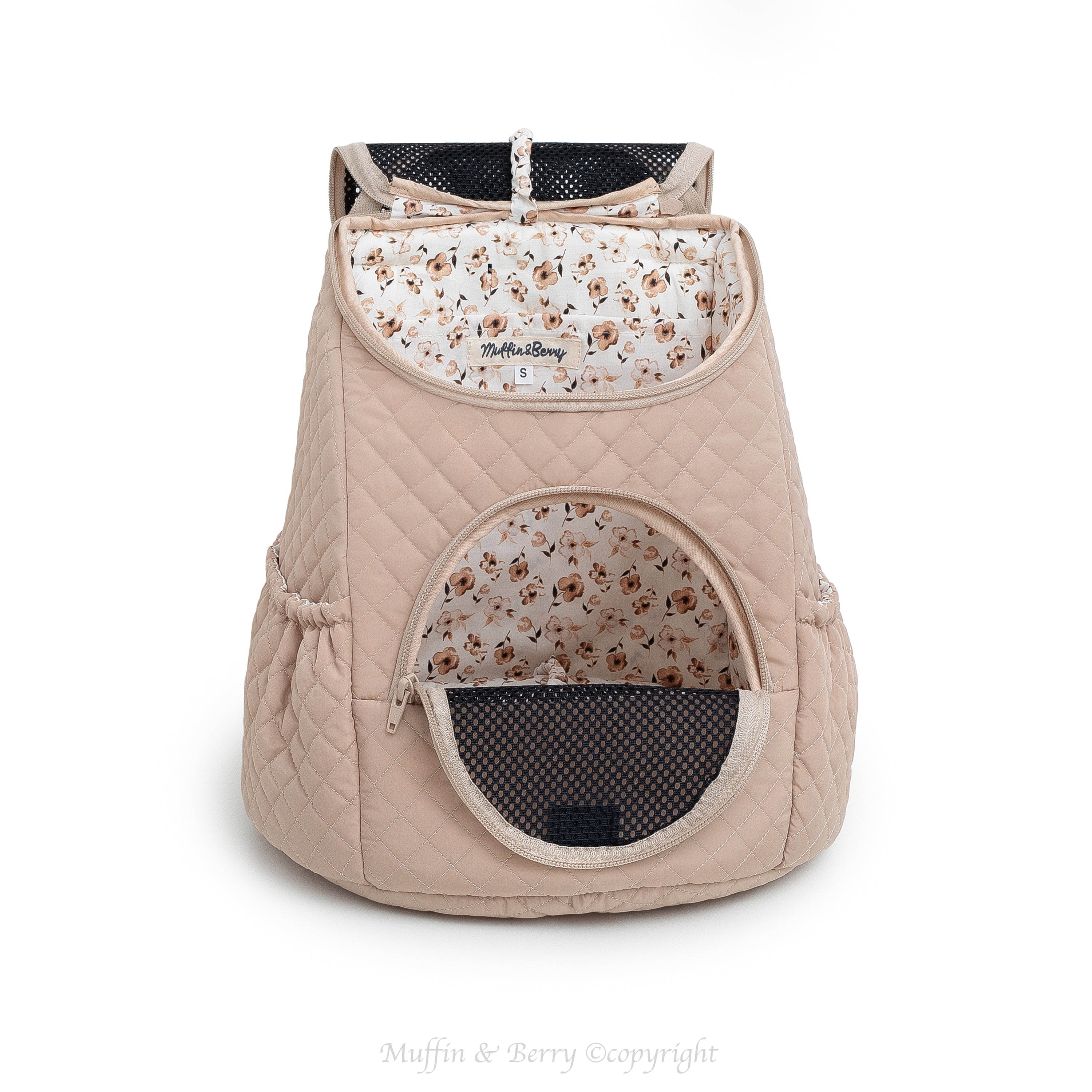 Beige quilted front pet carrier with both open mesh windows showing floral cotton lining inside – by Muffin & Berry