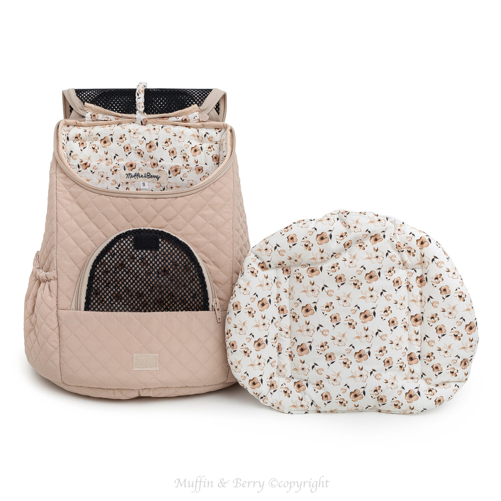 Beige quilted front pet carrier backpack with floral cotton lining, removable cushion and mesh windows – by Muffin & Berry