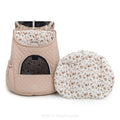Beige quilted front pet carrier backpack with floral cotton lining, removable cushion and mesh windows – by Muffin & Berry