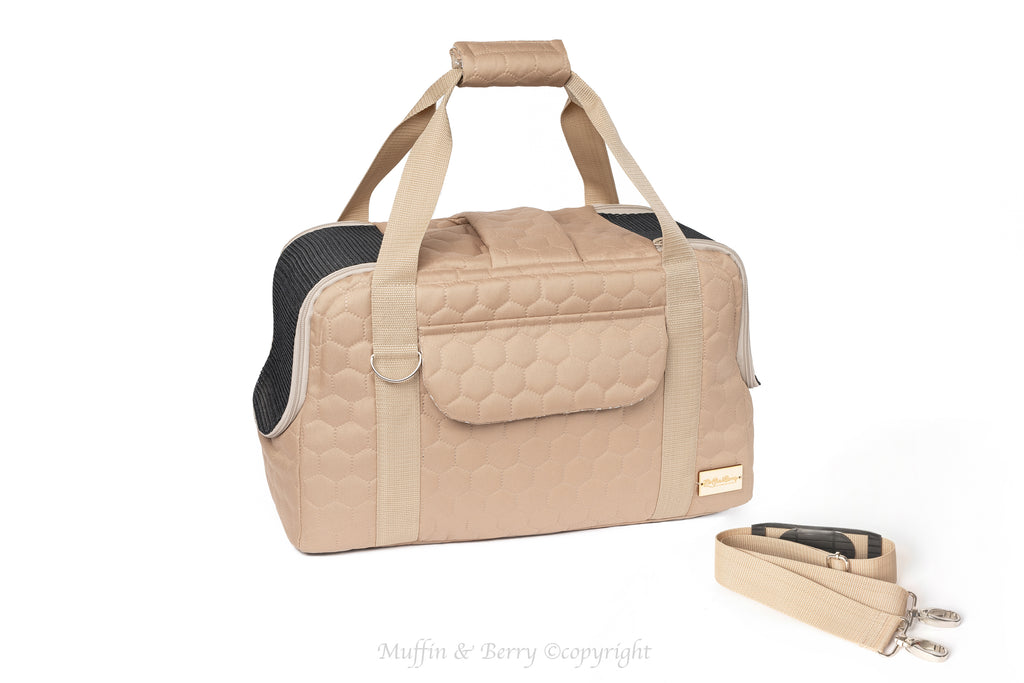 Muffin & Berry Mila pet carrier with detachable adjustable shoulder strap – premium beige cat and dog travel bag