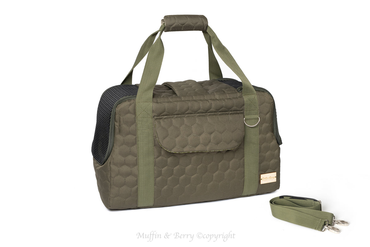 Muffin & Berry Elizabeth olive green structured pet carrier with detachable adjustable shoulder strap and closed front pocket flap – premium cat and dog travel bag