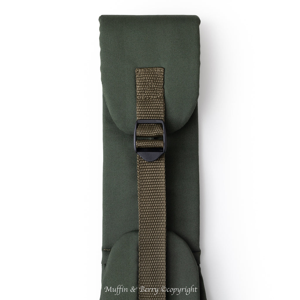 Muffin & Berry adjustable strap pet sling carrier with buckle close-up – dark green dog and cat sling bag with ergonomic shoulder strap
