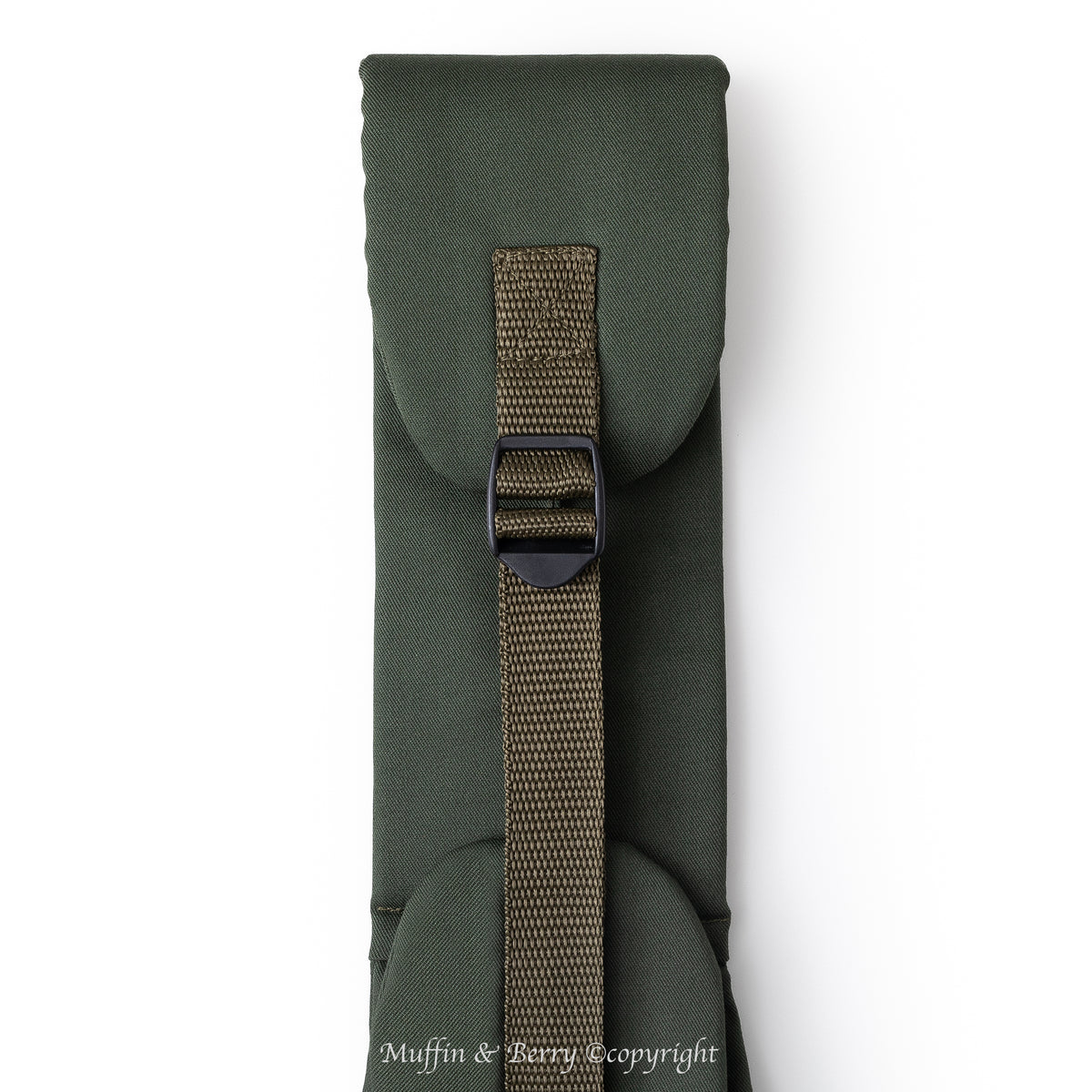 Muffin & Berry adjustable strap pet sling carrier with buckle close-up – dark green dog and cat sling bag with ergonomic shoulder strap