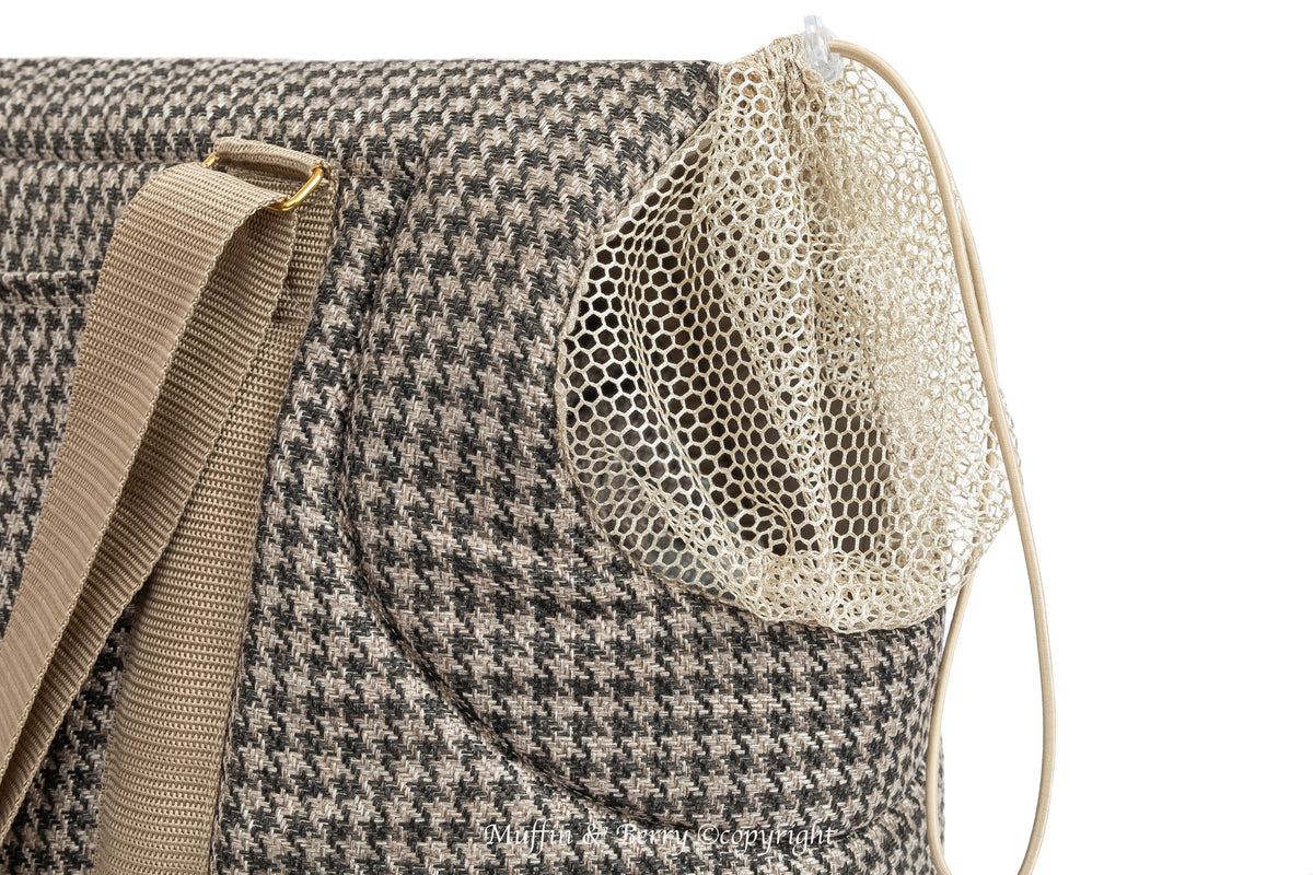 Optional mesh cover for Muffin and Berry dog carrier bag head opening, taupe houndstooth fabric detail