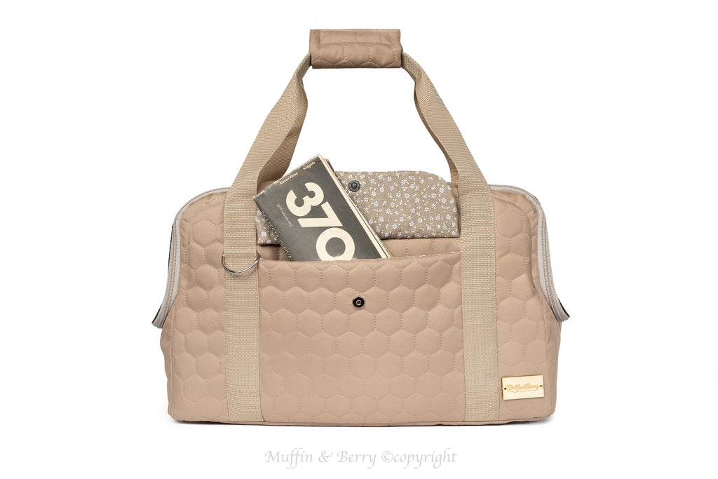 Muffin & Berry beige quilted pet travel carrier Mila with front storage pocket and short carry handles – premium dog and cat carrier bag