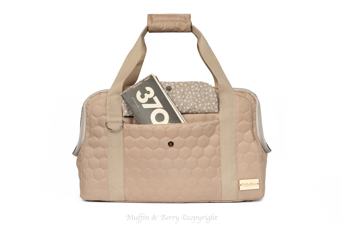 Muffin & Berry beige quilted pet travel carrier Mila with front storage pocket and short carry handles – premium dog and cat carrier bag