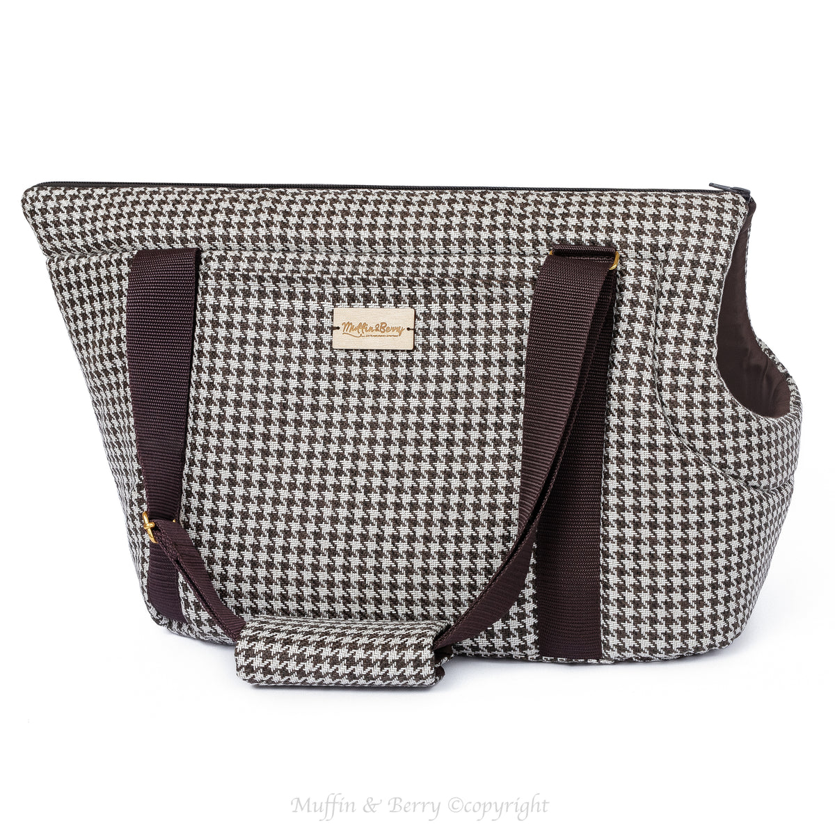 KINSLEY chocolate brown and white houndstooth pet carrier bag side angle, handmade dog carrier by Muffin & Berry