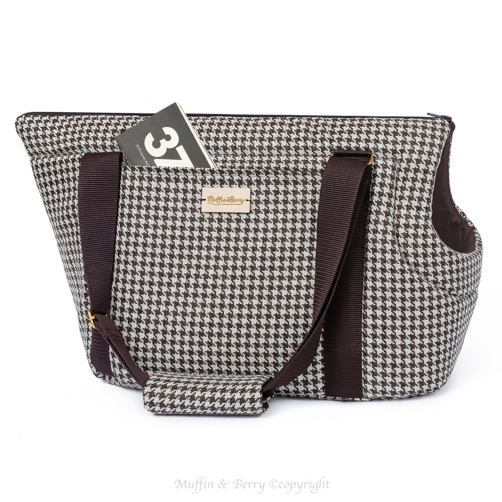 Muffin & Berry chocolate brown houndstooth dog carrier bag KINSLEY front view showing outside pocket with magazine and dark brown adjustable shoulder strap