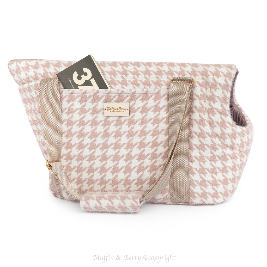 DAPHNE rose pink and cream houndstooth tweed dog carrier bag side view on white background, magazine in outside pocket, adjustable shoulder strap visible, by Muffin & Berry