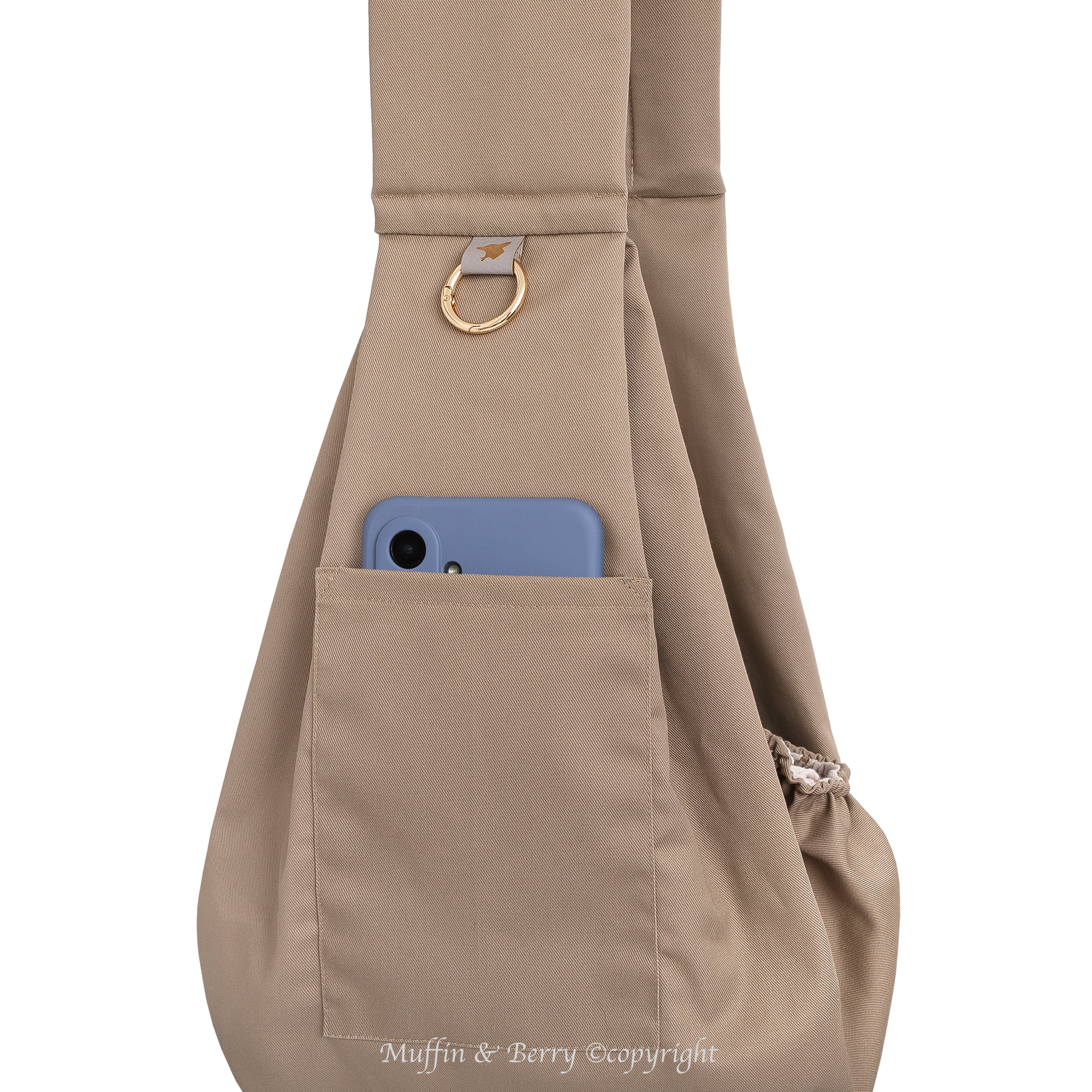 Muffin & Berry Tabitha pet sling bag close-up of front phone pocket with gold O-ring – taupe foldable dog sling bag with storage pocket