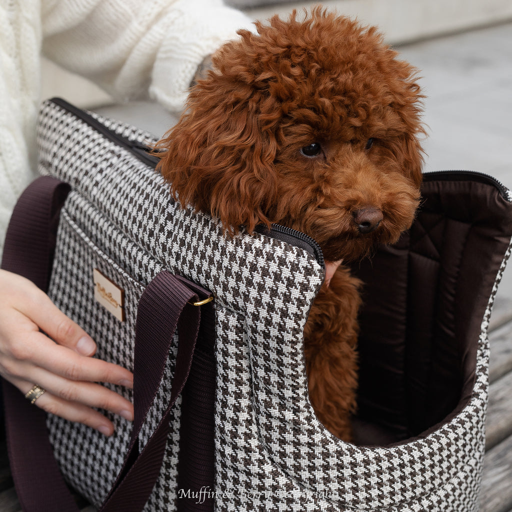 Chocolate brown and white houndstooth dog carrier bag KINSLEY in a lifestyle setting with brown toy poodle sitting inside, from Muffin & Berry