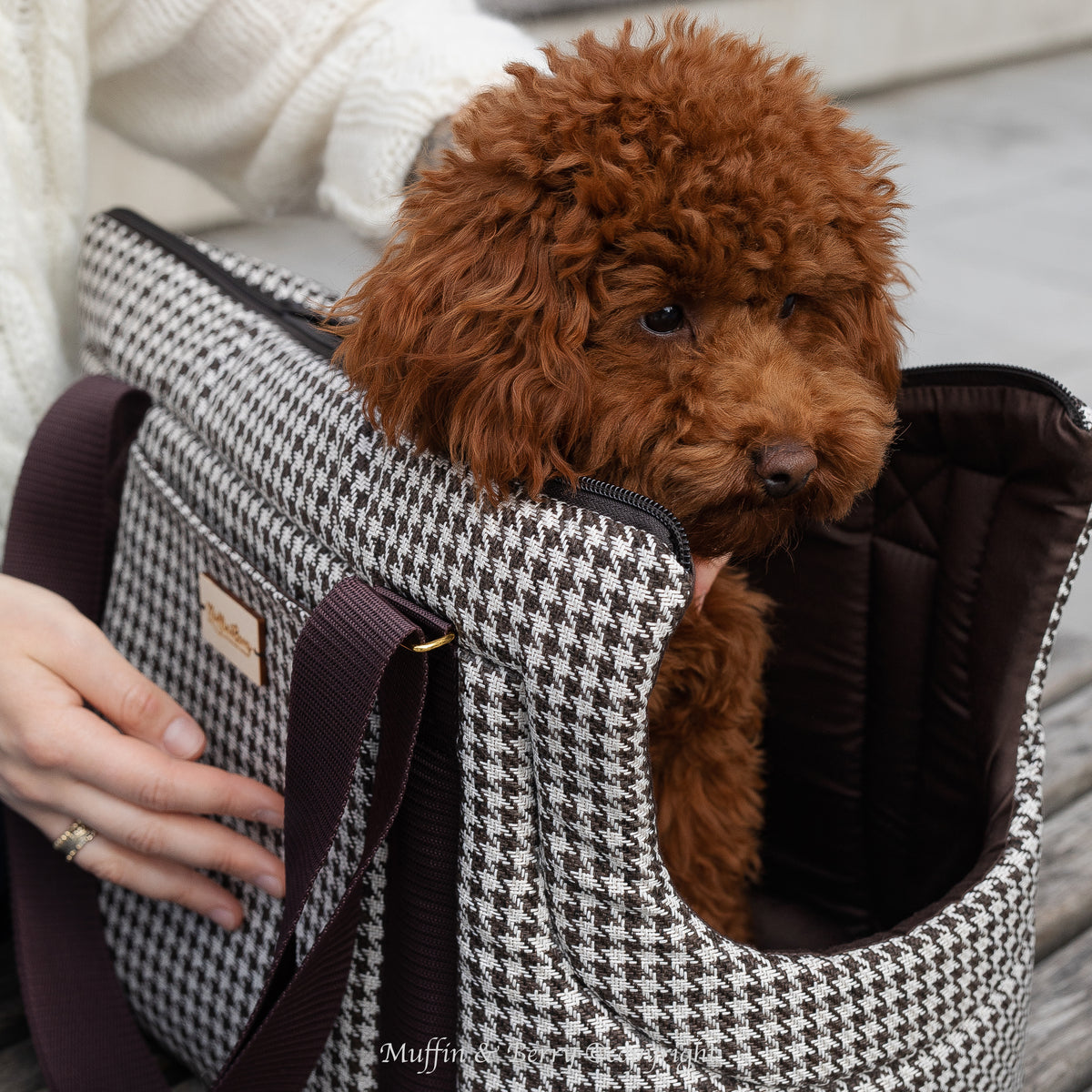 Chocolate brown and white houndstooth dog carrier bag KINSLEY in a lifestyle setting with brown toy poodle sitting inside, from Muffin & Berry