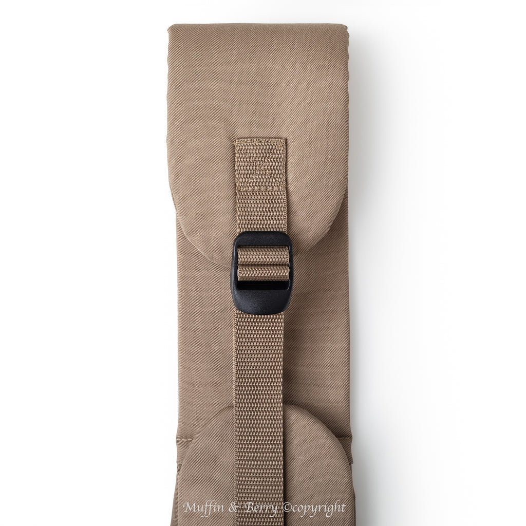 Adjustable padded shoulder strap pet sling carrier from Muffin & Berry - with slide buckle close-up – taupe trench fabric dog and cat sling bag