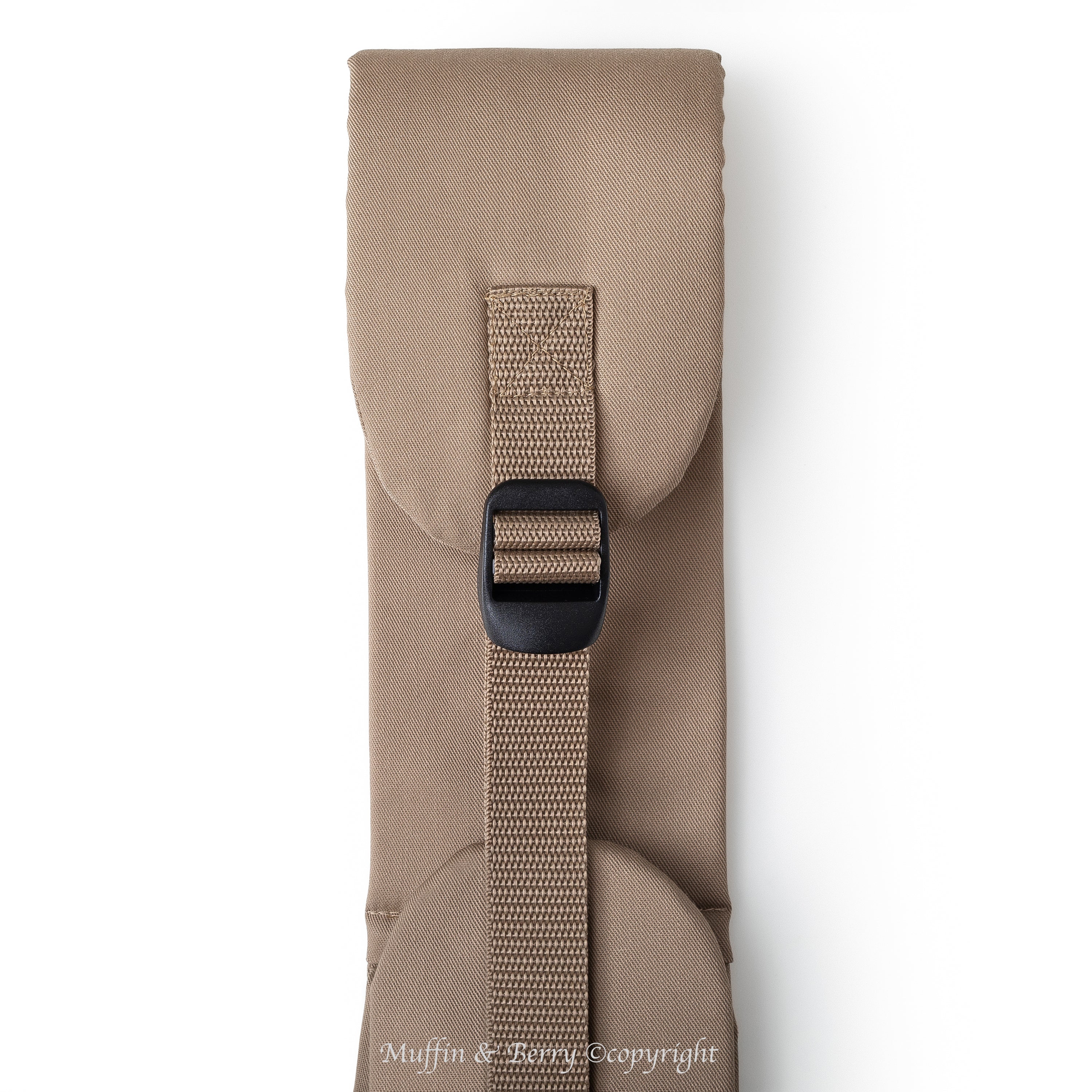 Adjustable padded shoulder strap pet sling carrier from Muffin & Berry - with slide buckle close-up – taupe trench fabric dog and cat sling bag