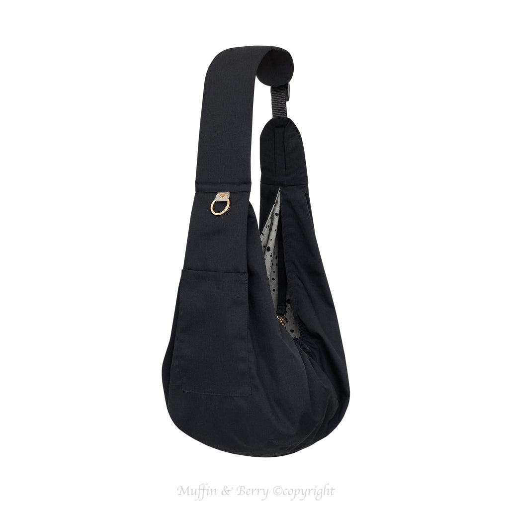 Black trench fabric pet sling carrier Marco from Muffin & Berry open view showing double gauze lining, gold O-ring and front pocket – handmade dog and cat sling bag
