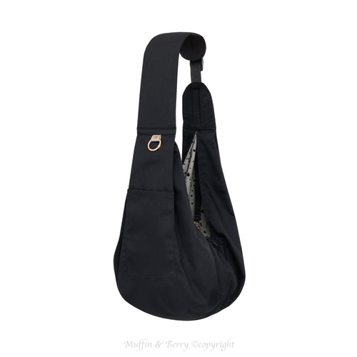 Black trench fabric pet sling carrier Marco from Muffin & Berry open view showing double gauze lining, gold O-ring and front pocket – handmade dog and cat sling bag