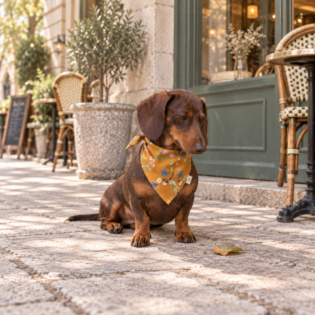 A dachshund sits on a sidewalk in front of a cafe, wearing a gold mustard bandana with a small floral print, by Muffin & Berry