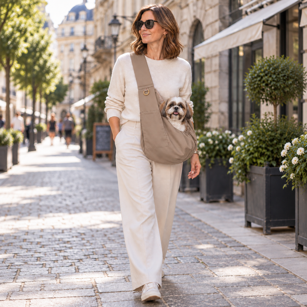 Lifestyle photo of Muffin & Berry taupe pet sling carrier Tabitha worn crossbody by woman on cobblestone city street with small dog peeking out – stylish dog sling bag
