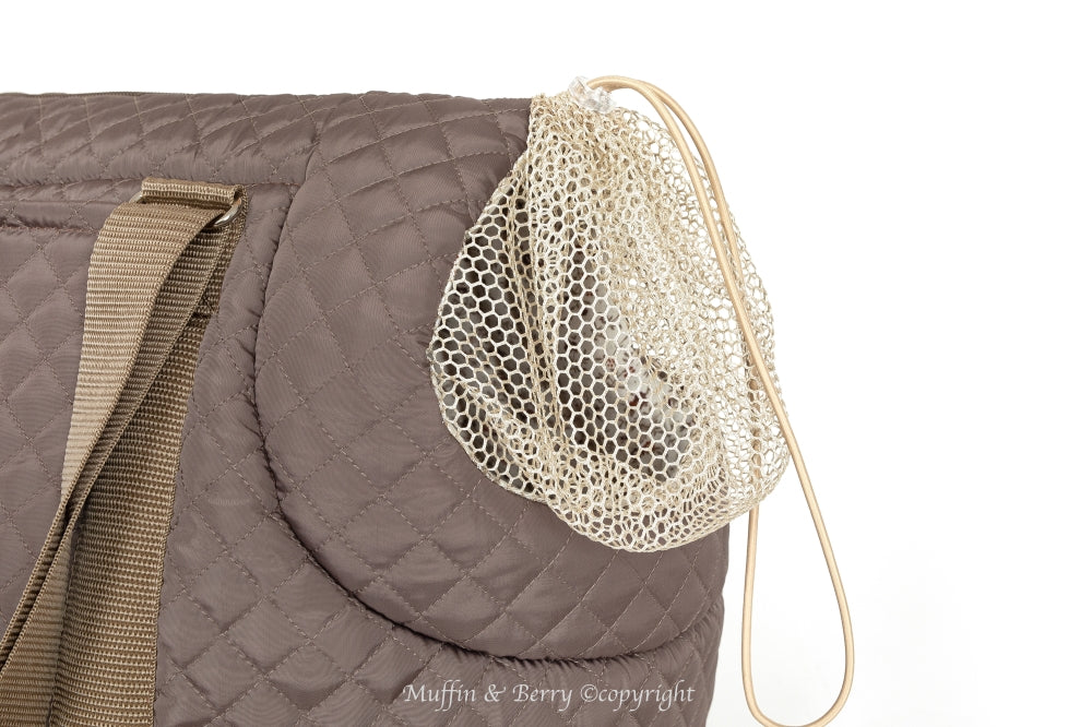 Close-up of optional mesh cover on head opening of EMILY mocha quilted dog carrier bag, by Muffin & Berry