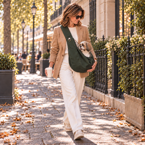 Lifestyle photo of Muffin & Berry Anita forest green color pet sling carrier worn crossbody by woman on city boulevard with small dog peeking out – stylish dog sling bag
